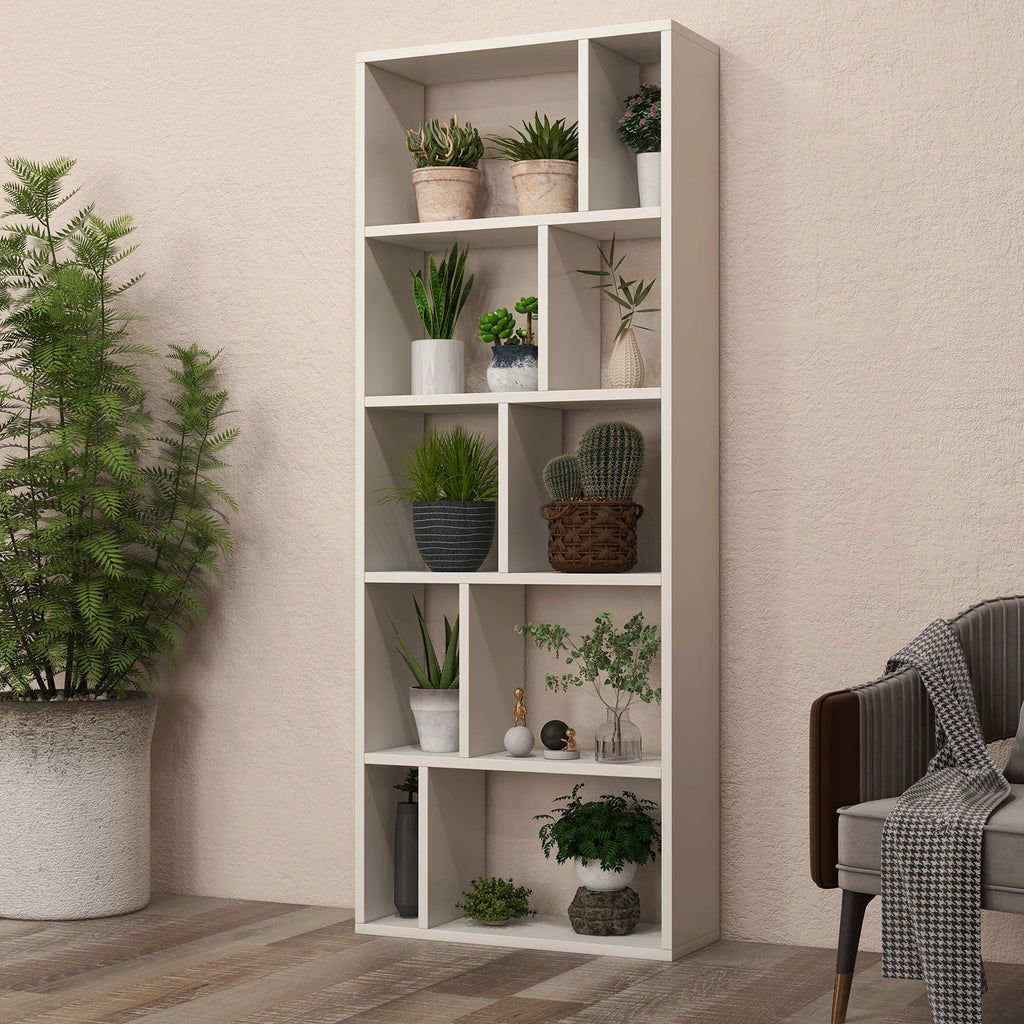 66 Inch Tall 5 Tiers Wood Bookshelf with 10 Open Compartments-White