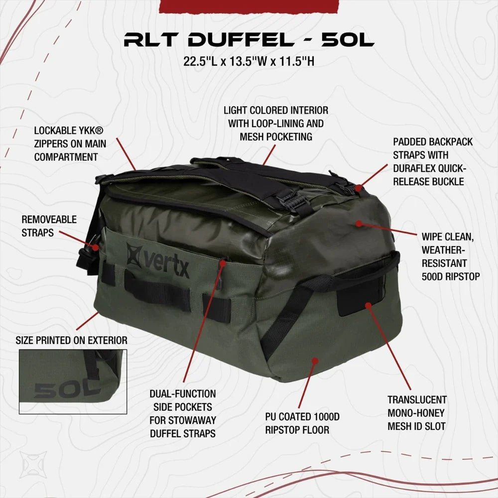 Vertx RLT 50L Duffel Bag | Haul 50L at 2.9 lbs & Repel Water | Built for Rugged Terrain