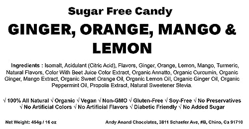 Andy Anand Sugar-Free Ginger Candy, 55 pc, 7 oz – Orange, Mango & Lemon Flavors, Made in Italy, Imported Keto & Diabetic-Friendly Gift Box