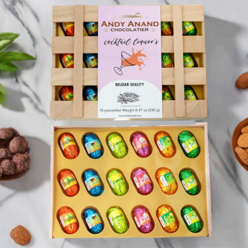 Andy Anand European Cocktail-Flavored Dark Chocolate Bottles, 18 pc, 11.5 oz – Mojito, Limoncello & Gin Tonic, Vegan Birthday Gift Box