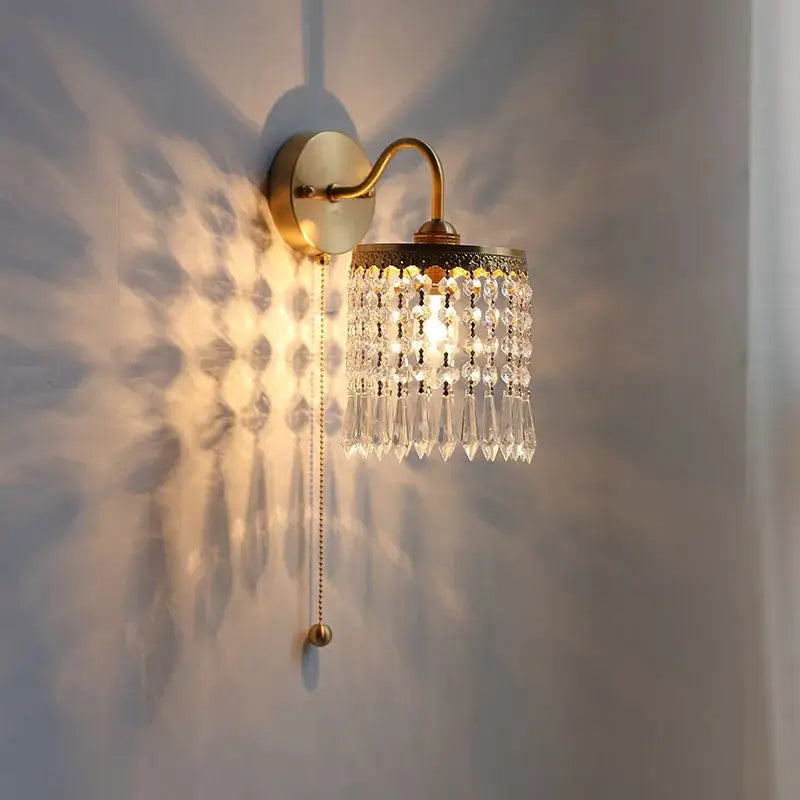 Antique brass crystal led wall sconce bedroom pull chain light