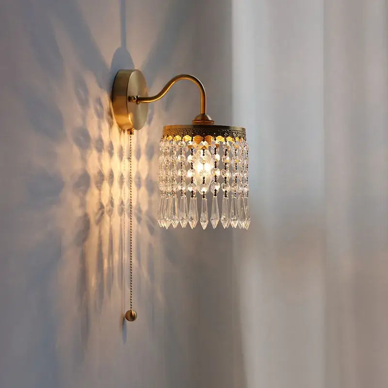 Antique brass crystal led wall sconce bedroom pull chain light
