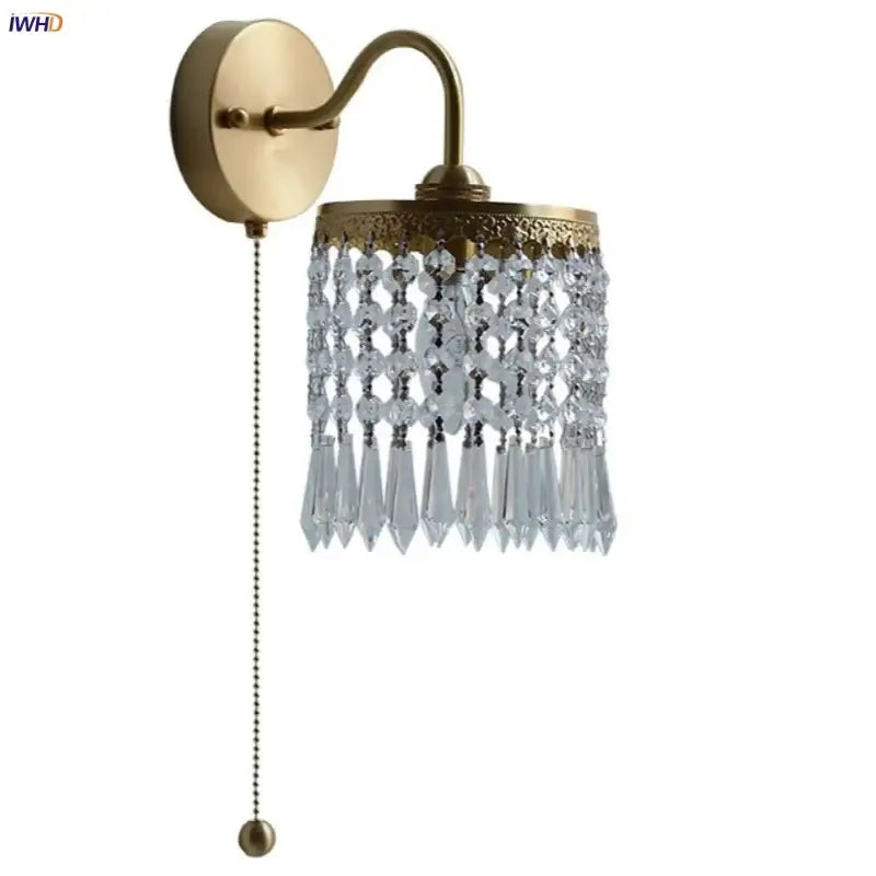 Antique brass crystal led wall sconce bedroom pull chain light