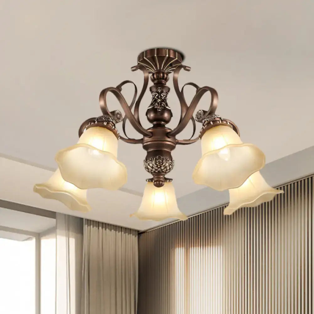 Antique bronze semi flush light with opal glass for living room