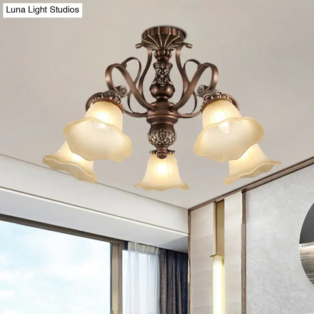 Antique bronze semi flush light with opal glass for living room
