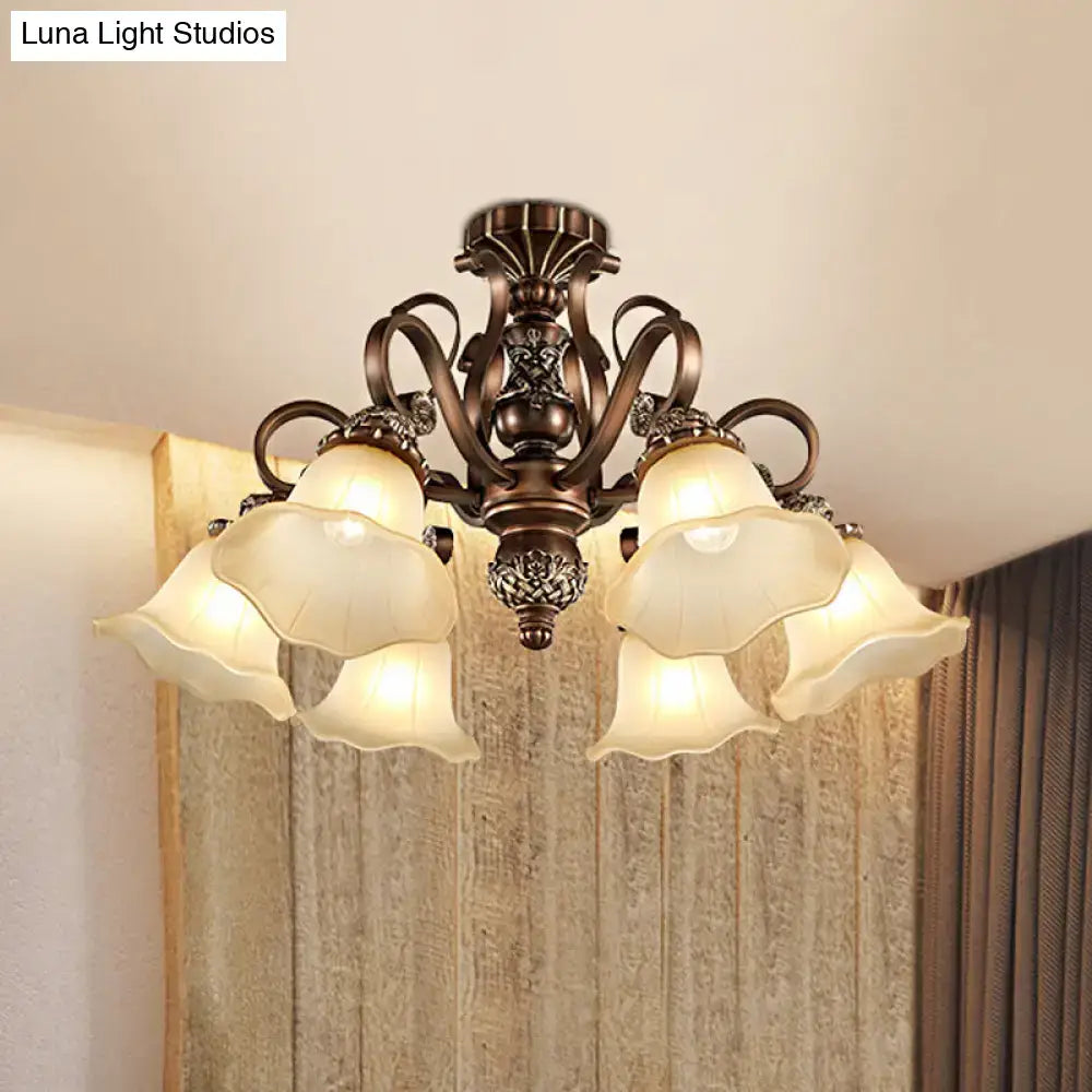 Antique bronze semi flush light with opal glass for living room