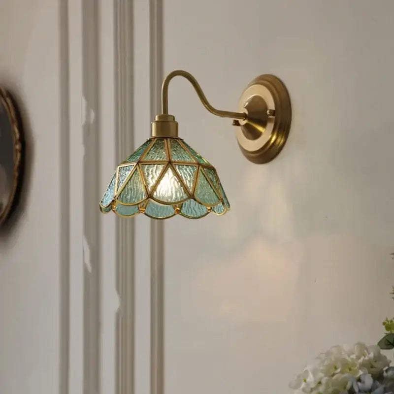 Antique teal glass and brass wall light fixture bedroom sconce