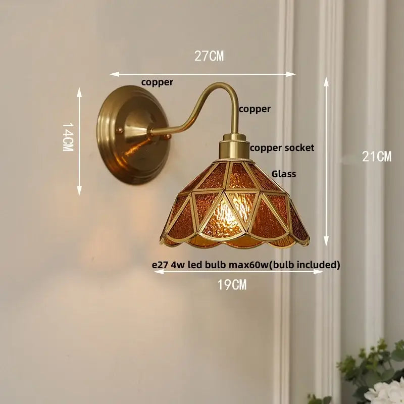 Antique teal glass and brass wall light fixture bedroom sconce