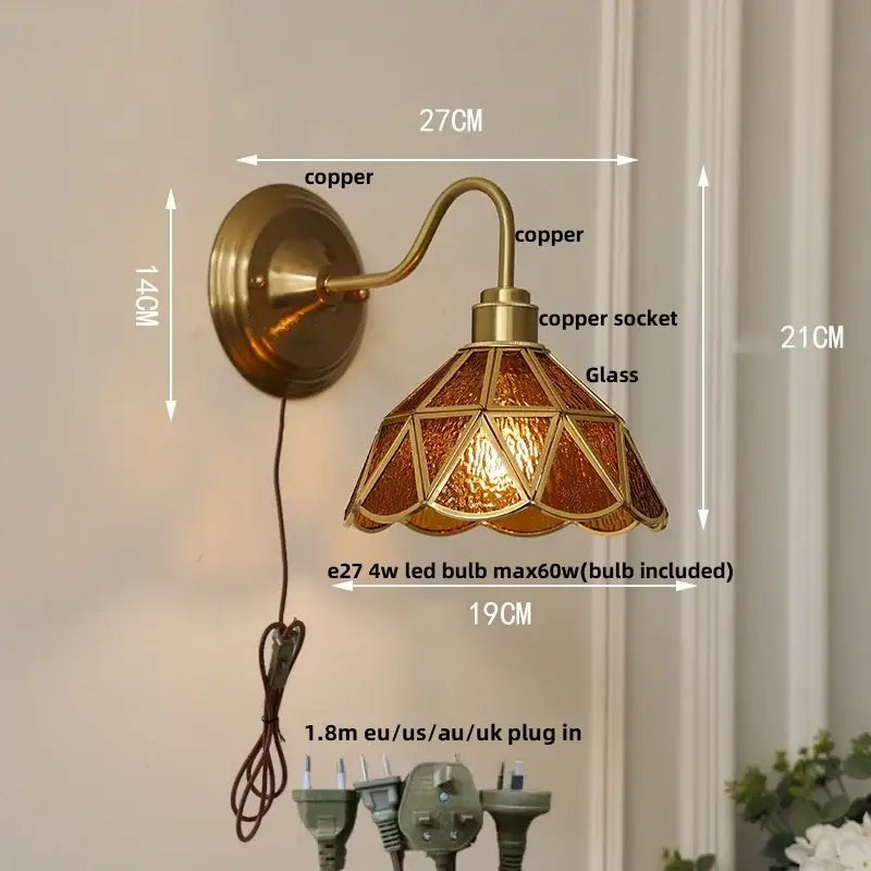 Antique teal glass and brass wall light fixture bedroom sconce