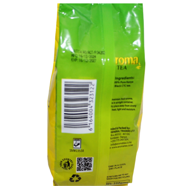 Back of Aroma Tea 250g green pack with barcode and QR code visible