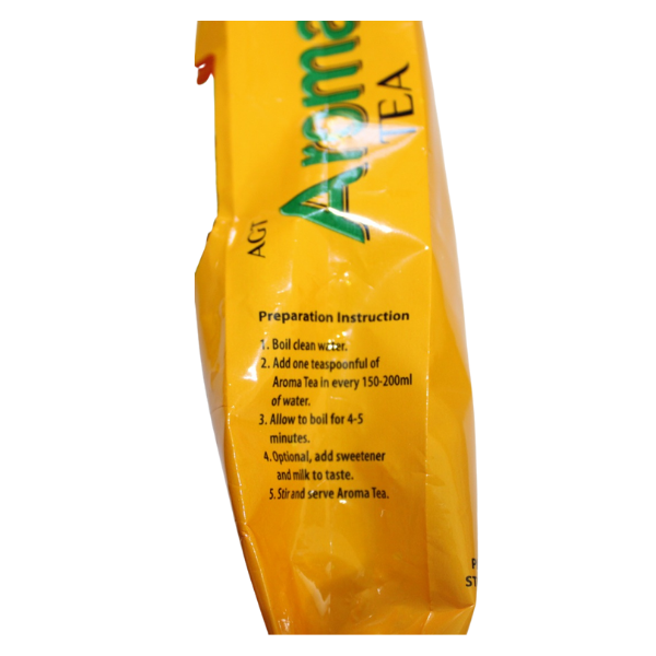 Side profile of yellow Aroma Tea Tangawizi / Ginger bag