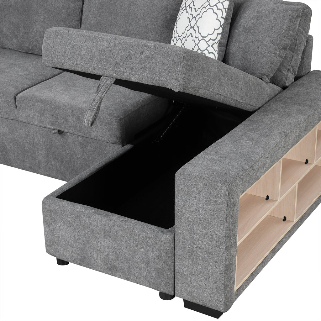 Sectional Sofa U-Shape Chenille Gray 5 Seat USB Ports Pull-Out 109 In