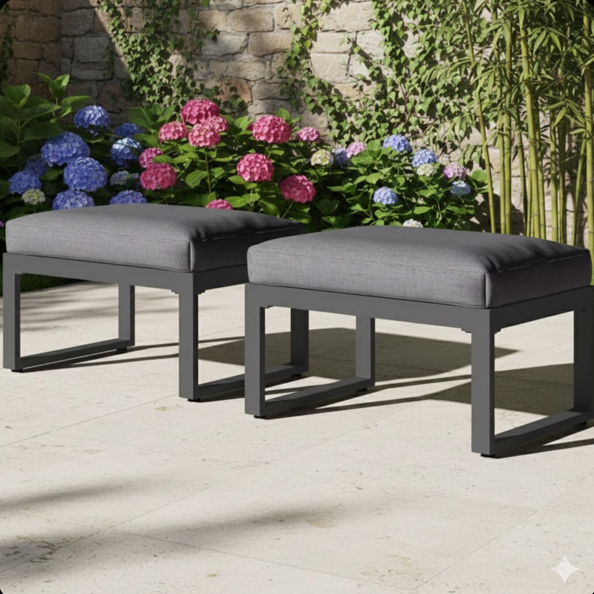 Outdoor Ottoman Aluminum Black Gray Cushion Rectangular Set of 2
