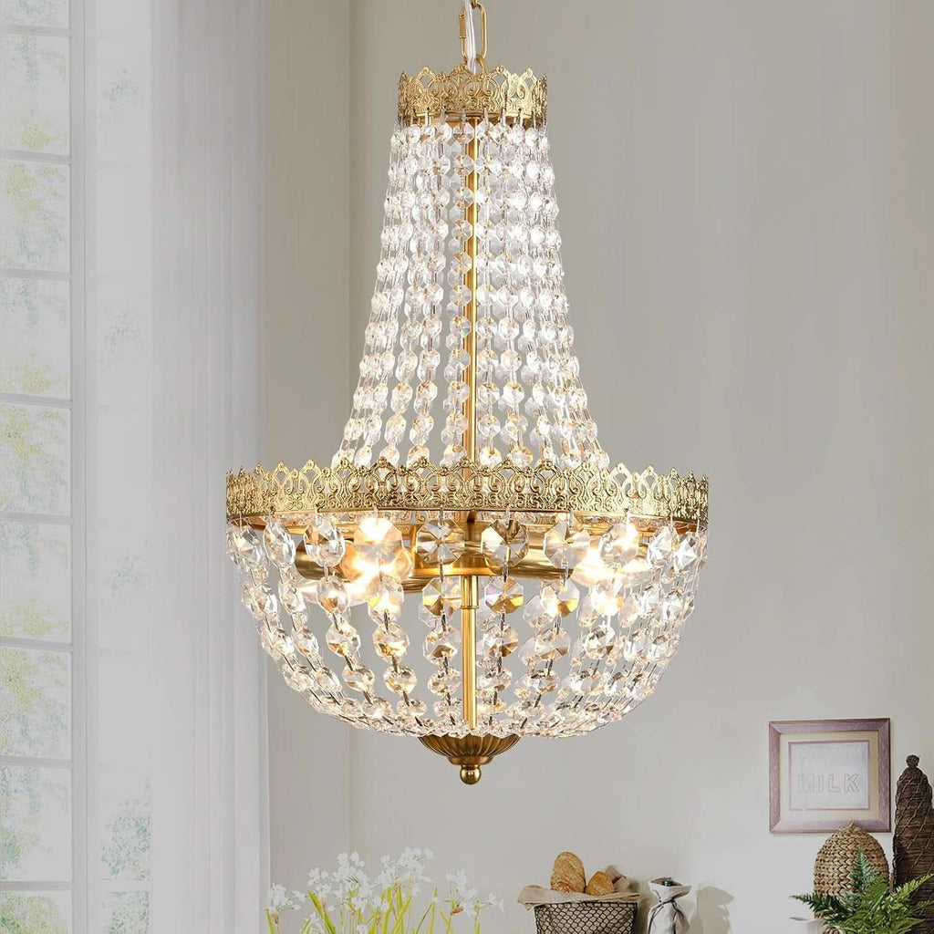 Antique Brass Crystal Chandelier Four Light Pendant