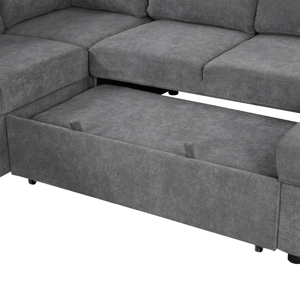 Sectional Sofa U-Shape Chenille Gray 5 Seat USB Ports Pull-Out 109 In