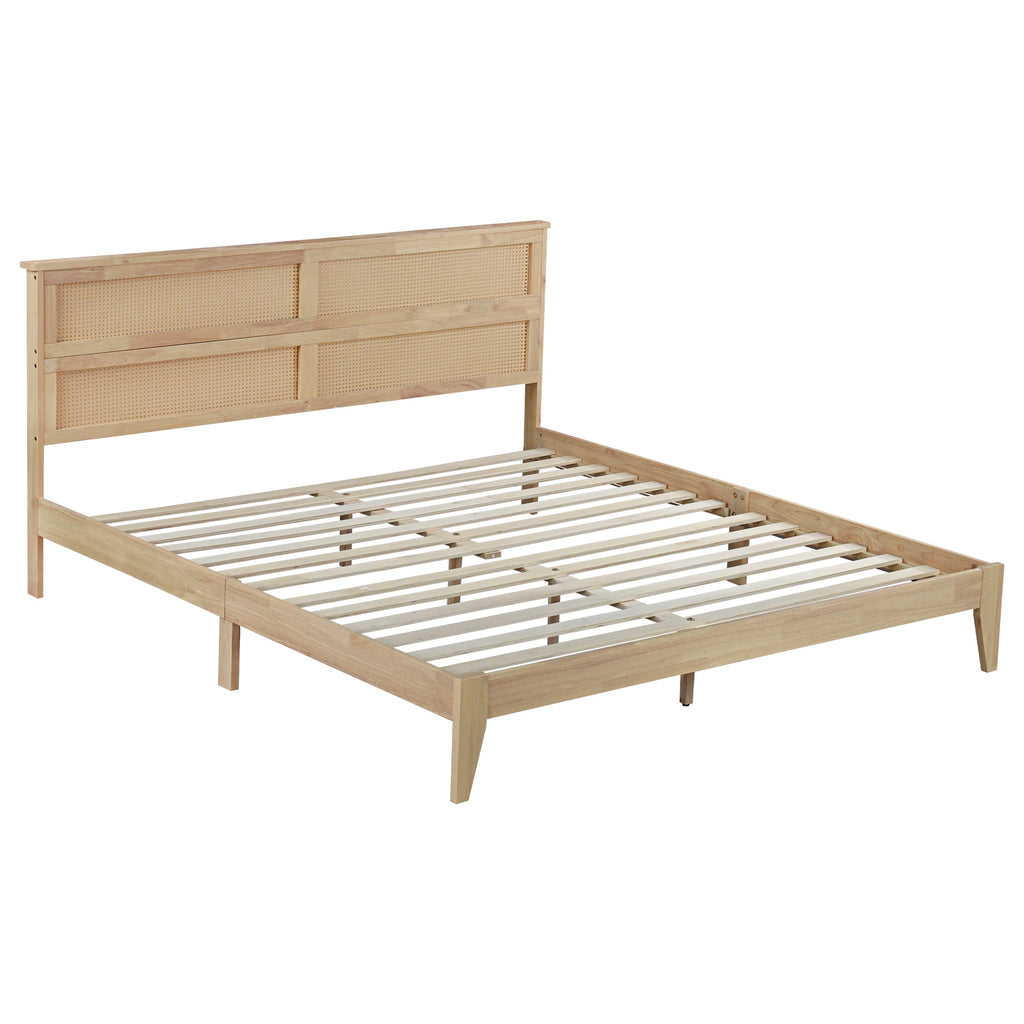 King Size Solid Wood Bed with Rattan Headboard, Rubber Wood Bed with Central