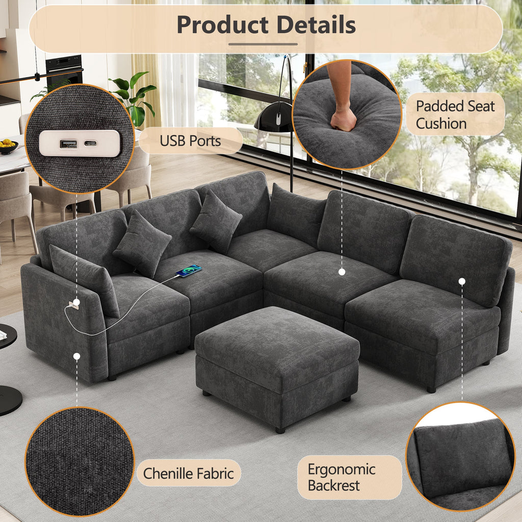 Sectional Sofa U-Shape Modular Chenille Black 5-Seat USB Ports 86.6x61.4 In