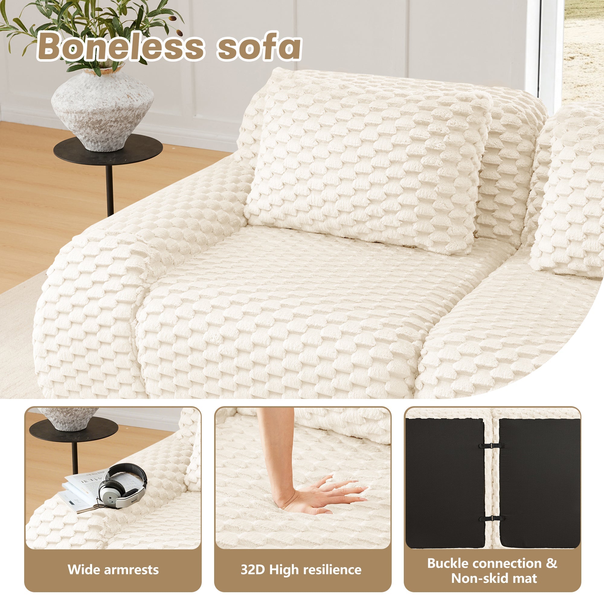 Sectional Sofa Modular Flannelette Cream Deep Seat 2 Seat No Assembly