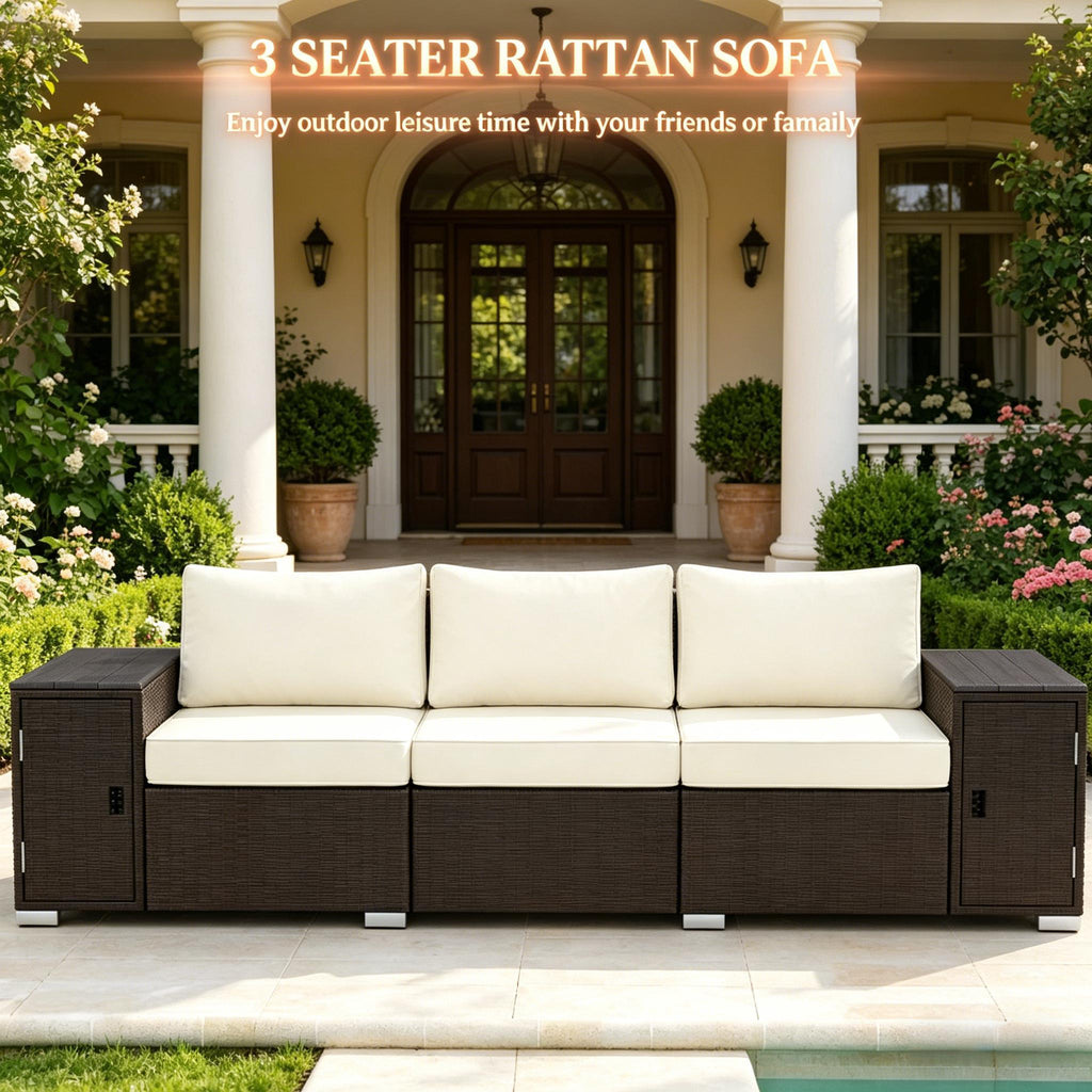 Outdoor Sofa Set Wicker Cream Brown 3 Seat Storage Armrests 794 lb Cap