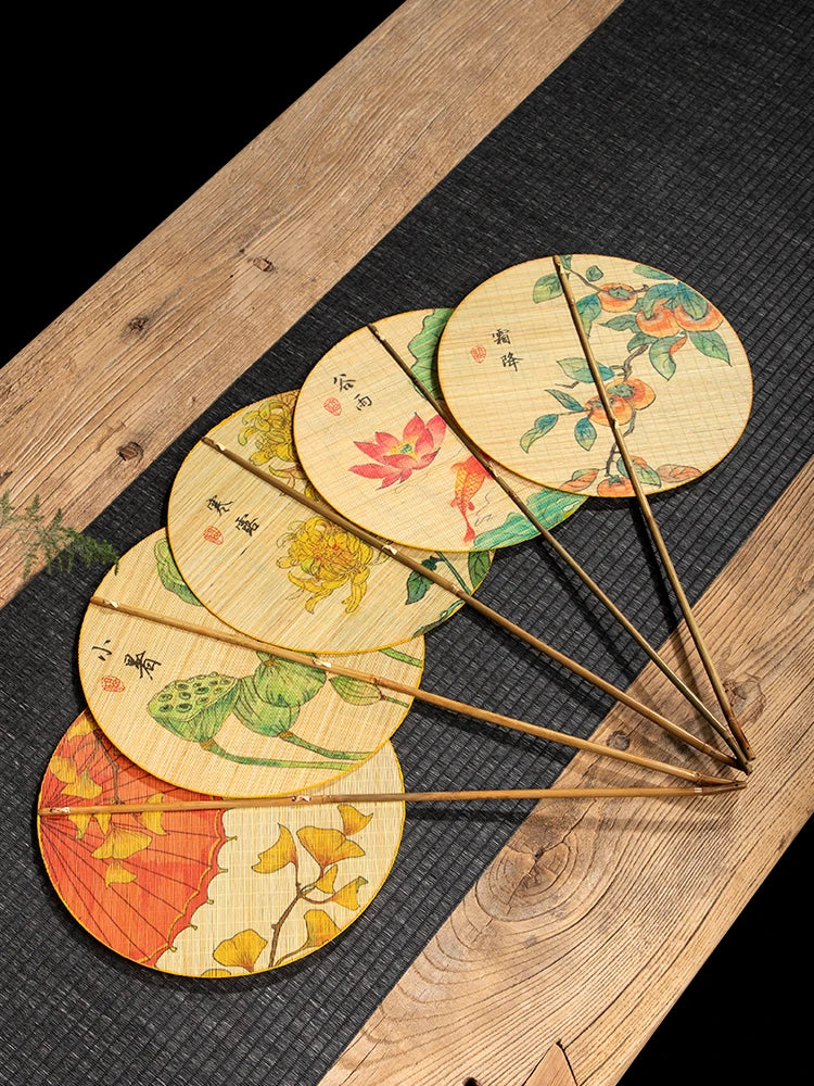 Handmade Bamboo and Silk Round Fan with Japanese & Chinese Art