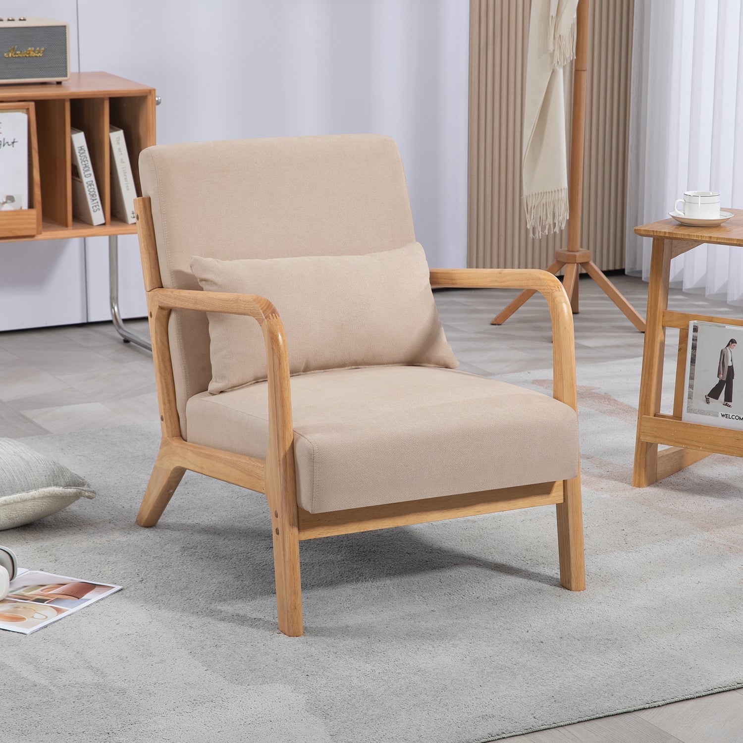 Accent Chair Mid-Century Linen Beige Solid Wood Arms and Legs 23x30x30 In