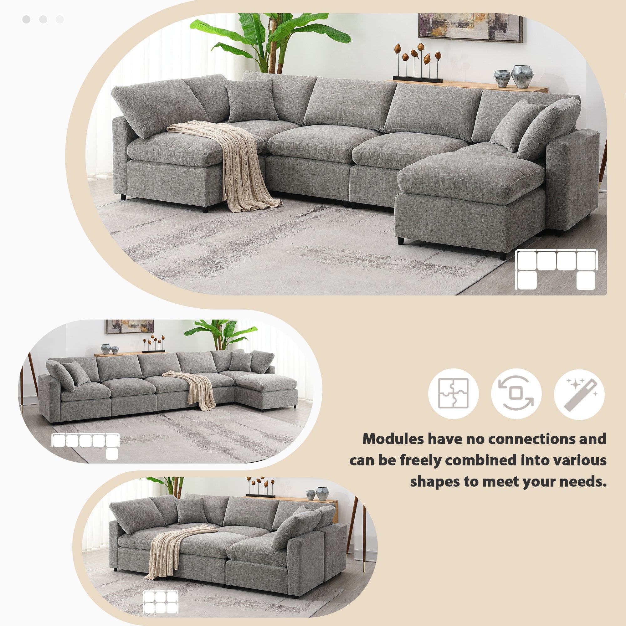 6-Seat U-Shape Modular Sofa with Ottoman, 130
