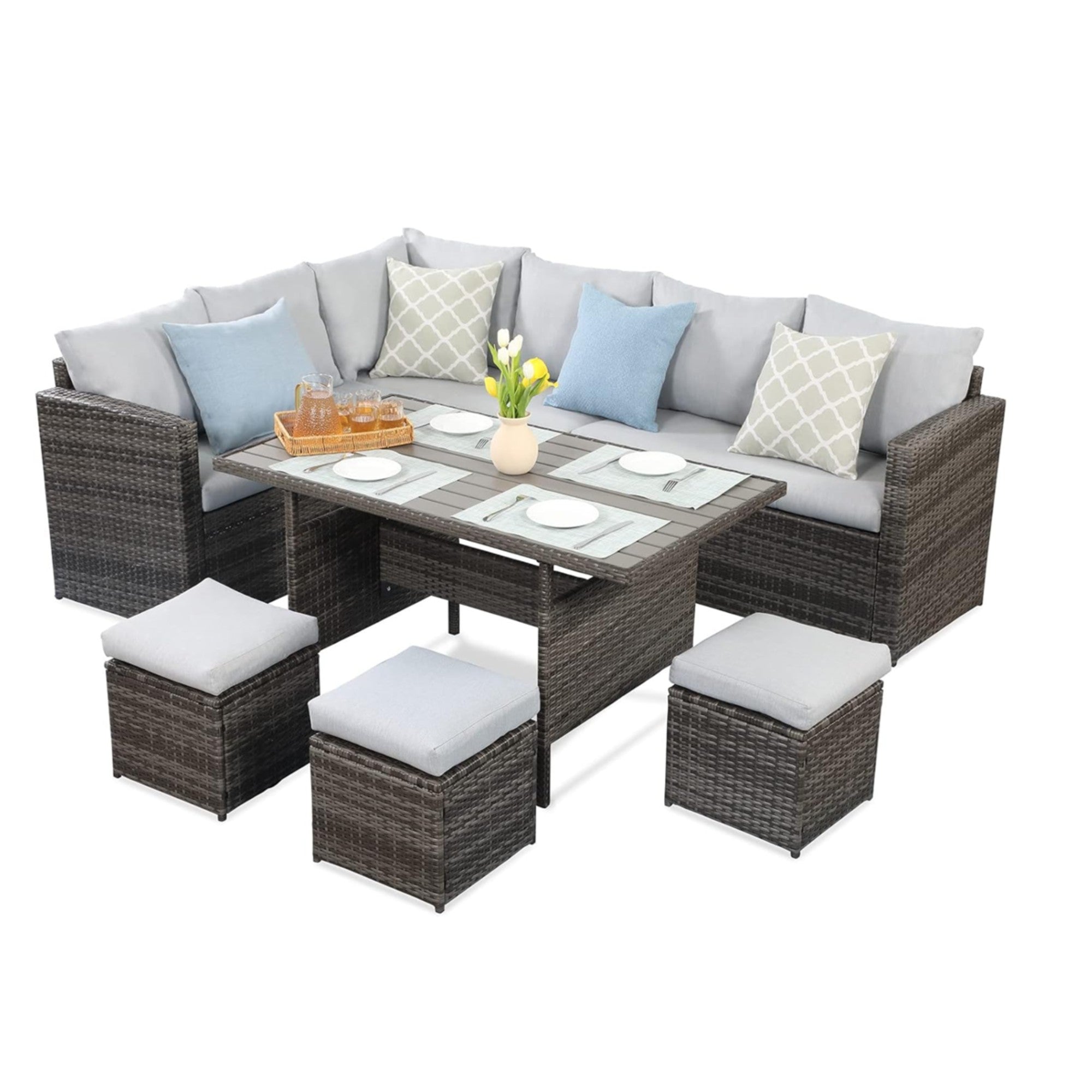 Outdoor Sectional Set PE Rattan Steel Gray Cushion 7 Piece Seats 8