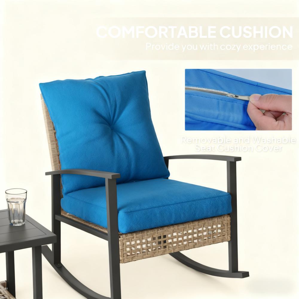 Outdoor Rocking Chair Set PE Rattan Steel Blue 3 Piece