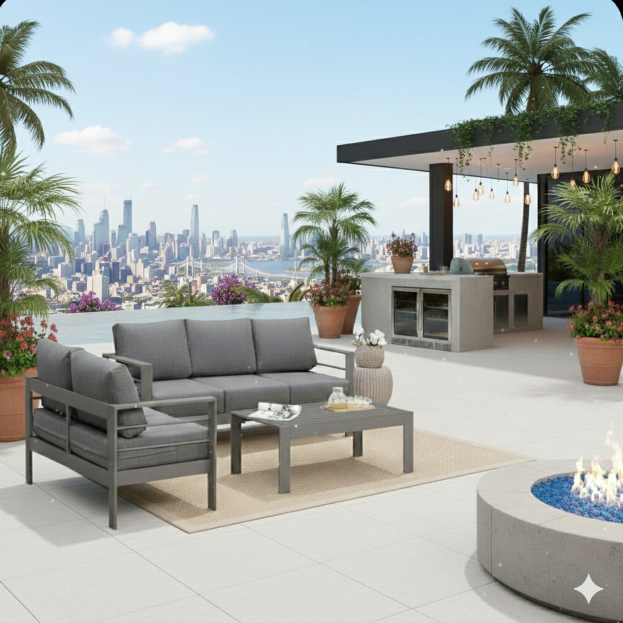 Outdoor Conversation Set 5 Seat Aluminum Gray Blue Cushion