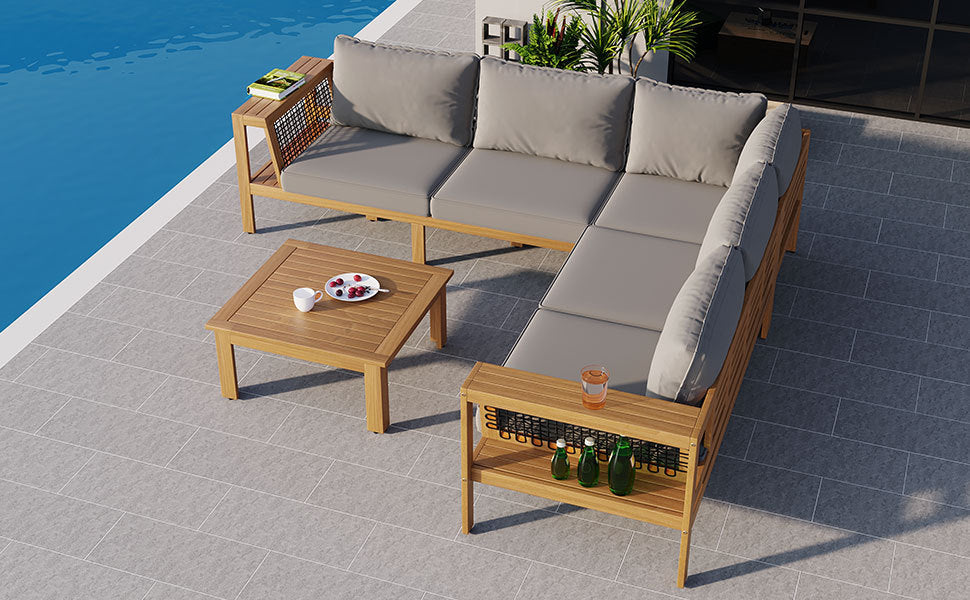 Outdoor Sofa Set Acacia Wood Rope Gray Cushion 4 Piece L-Shape Seats 6