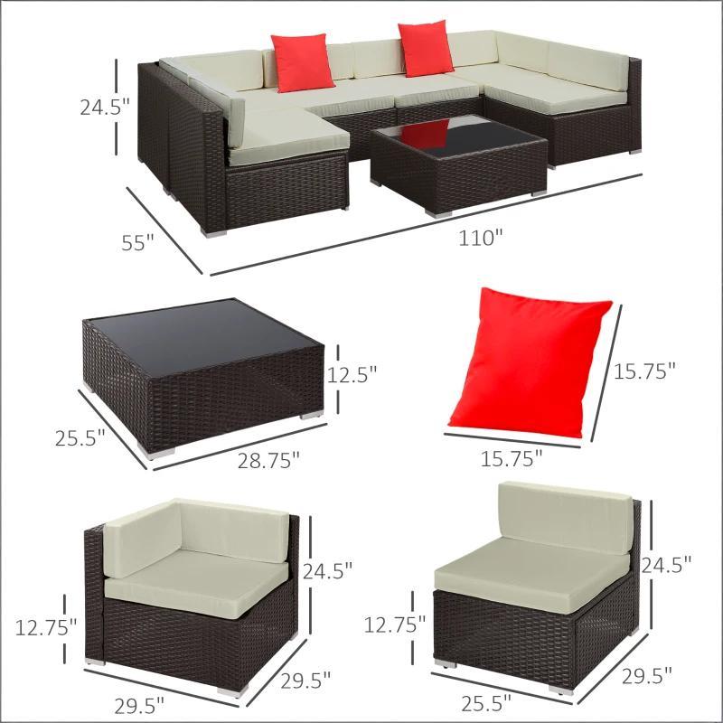Outdoor Sectional Set PE Rattan Steel Beige Cushion 7 Piece L-Shape Seats 6