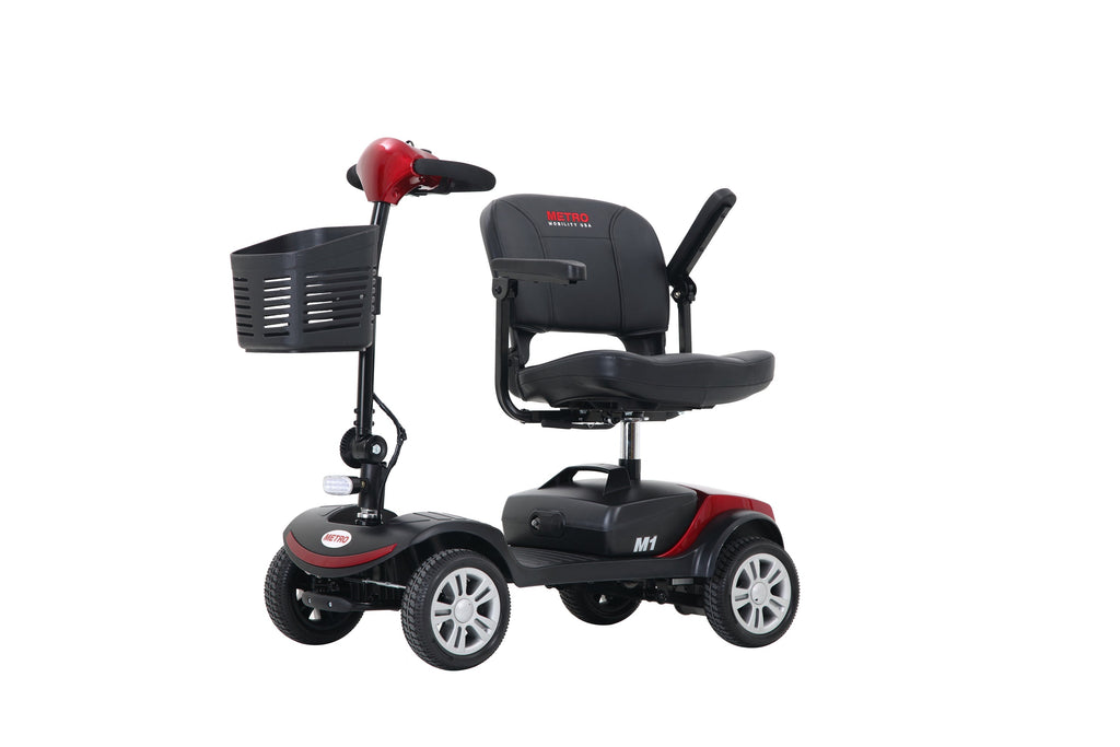 Mobility Scooter 4-Wheel Compact Metal Red 300 LB 10 Mile Rear Suspension
