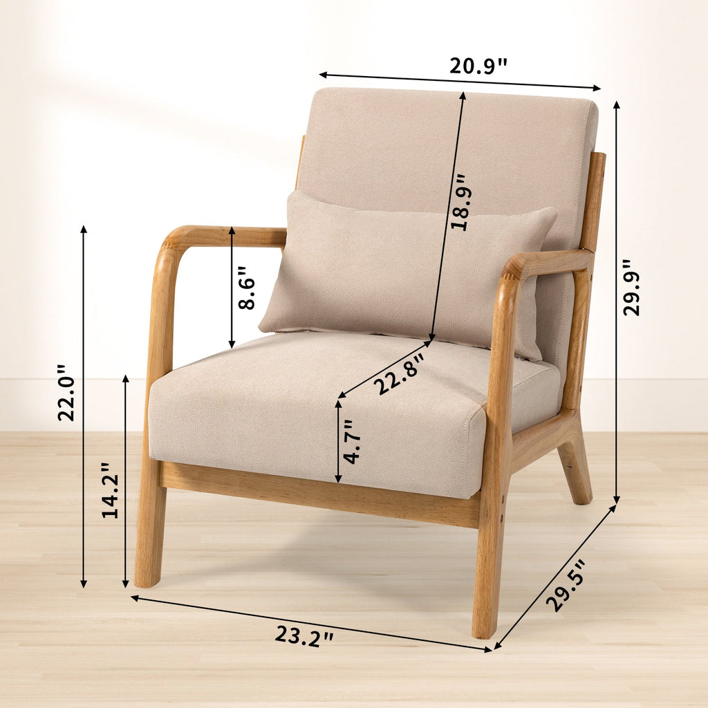 Accent Chair Mid-Century Linen Beige Solid Wood Arms and Legs 23x30x30 In