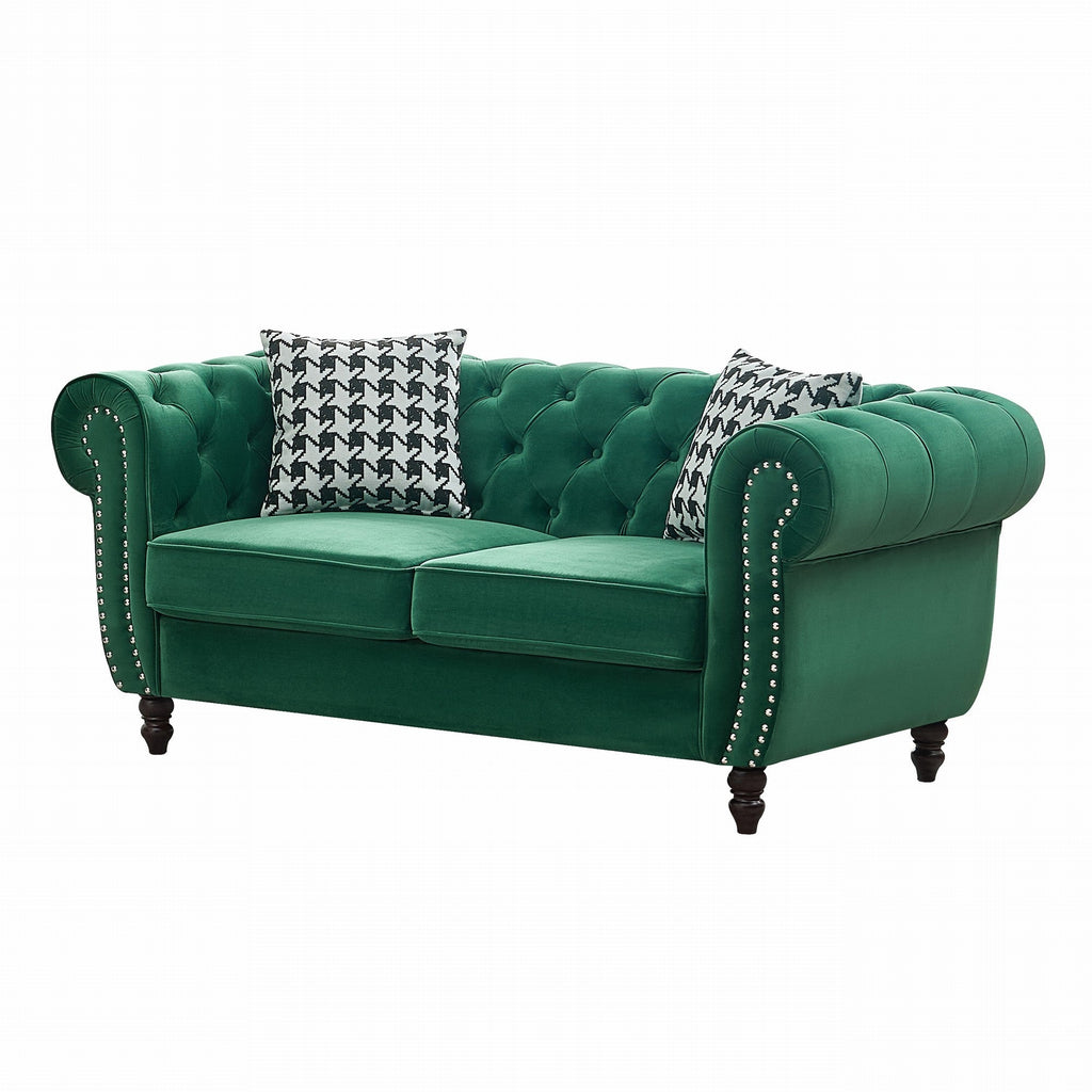 Loveseat Chesterfield Velvet Green Mid-Century Nailhead Rolled Arms 67 In