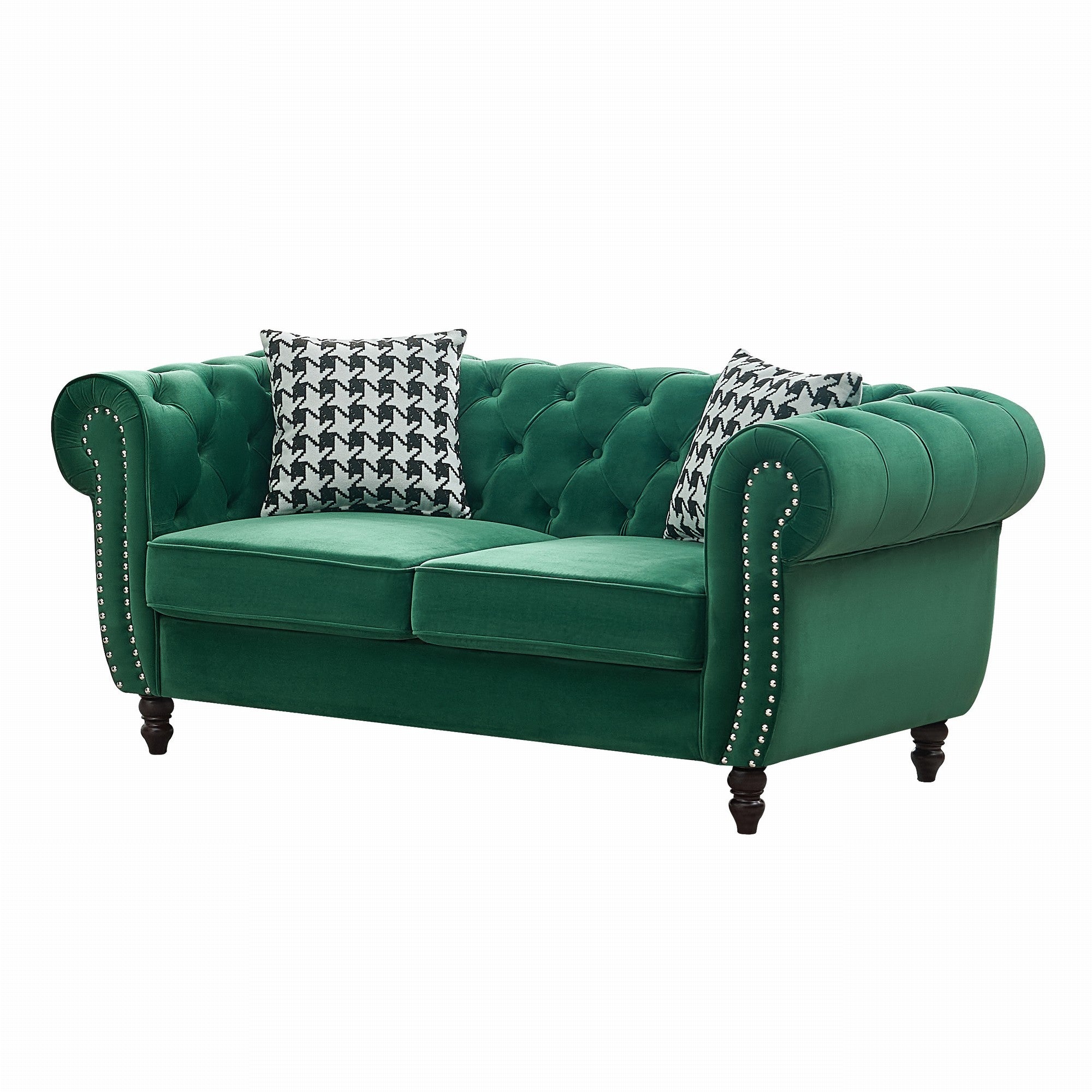 Loveseat Chesterfield Velvet Green Mid-Century Nailhead Rolled Arms 67 In