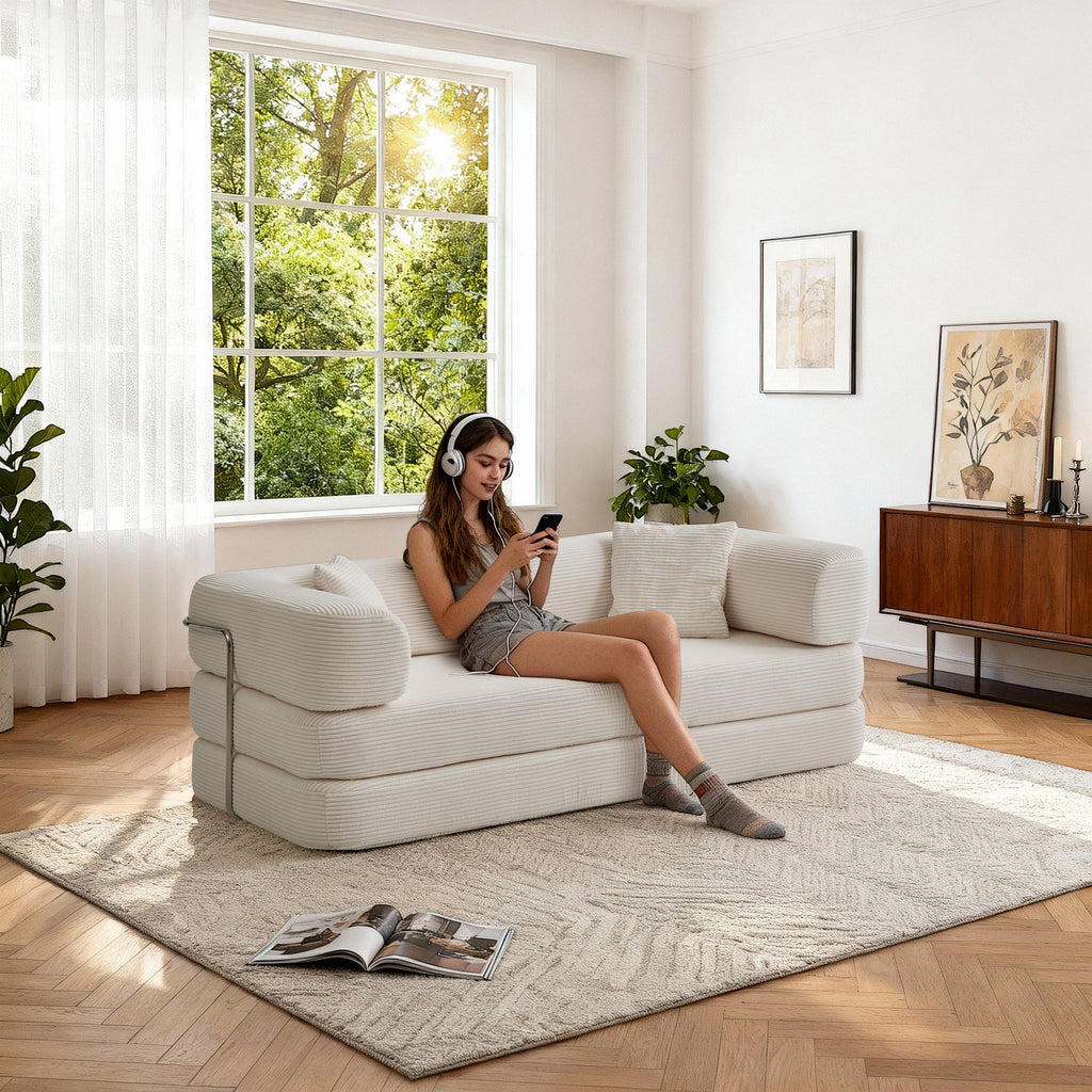Sofa Floor Low Profile 5-in-1 Corduroy Cream Sleeper with Blanket 74.8 In