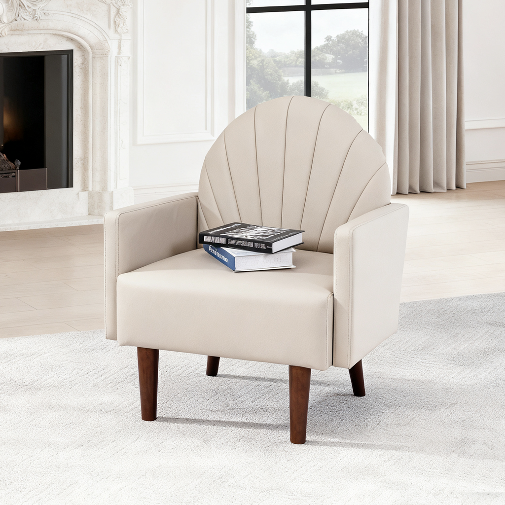 Accent Chair Shell-Shape PU Leather Khaki Solid Wood Legs Easy Assembly