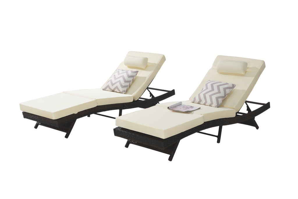 Outdoor Reclining Lounge Chair Wicker Khaki Set of 2 150 Degree 600 LB