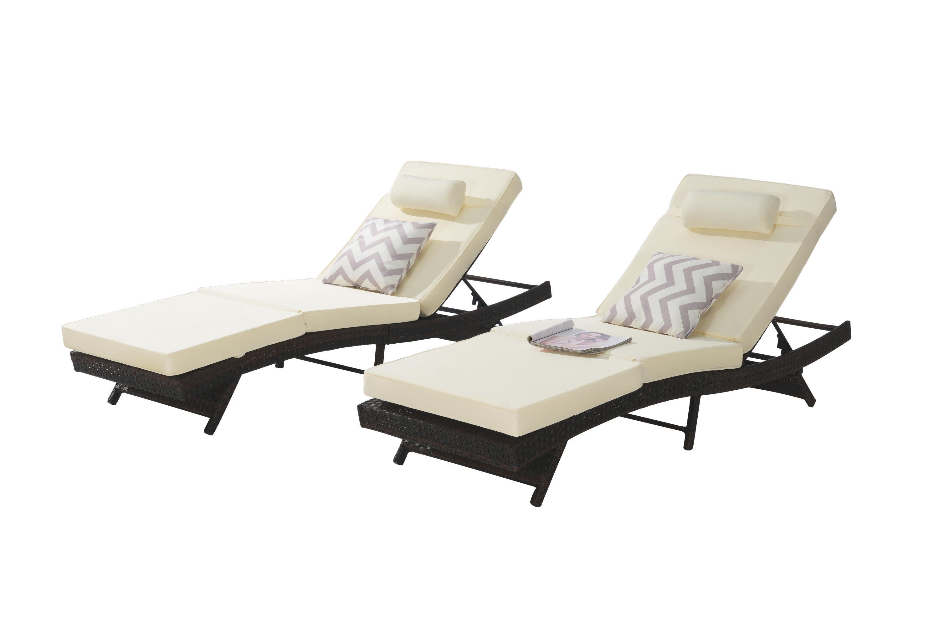 Outdoor Reclining Lounge Chair Wicker Khaki Set of 2 150 Degree 600 LB