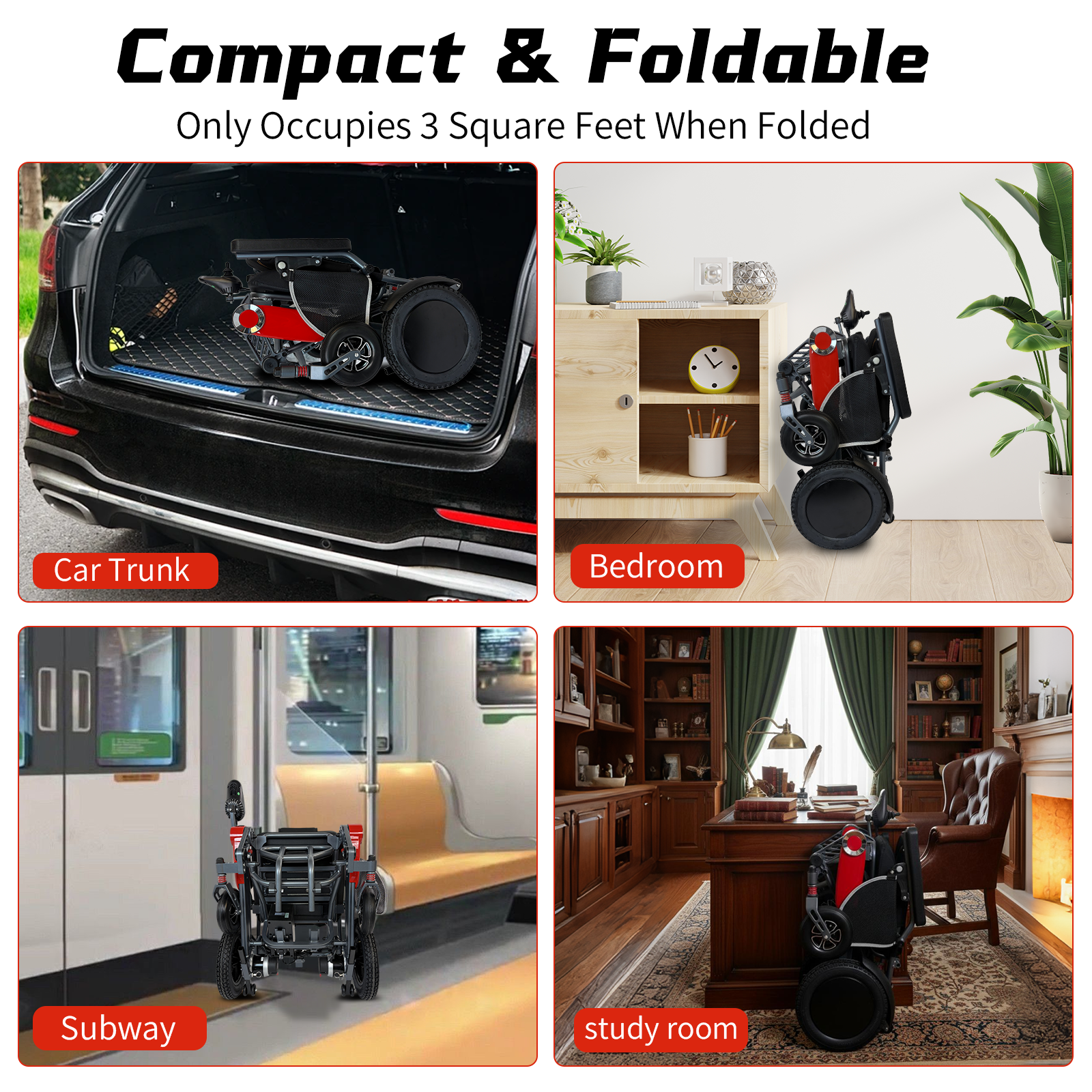 Wheelchair Electric Foldable Aluminum 300 LB 15 Mile Range Black Red