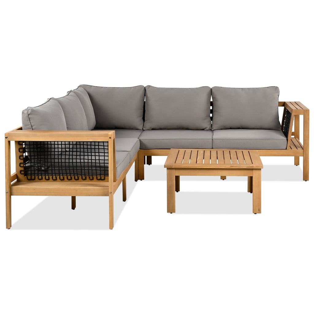 Outdoor Sofa Set Acacia Wood Rope Gray Cushion 4 Piece L-Shape Seats 6