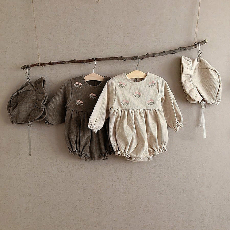 Kids Corduroy Embroidered Long Sleeve Romper Bodysuit