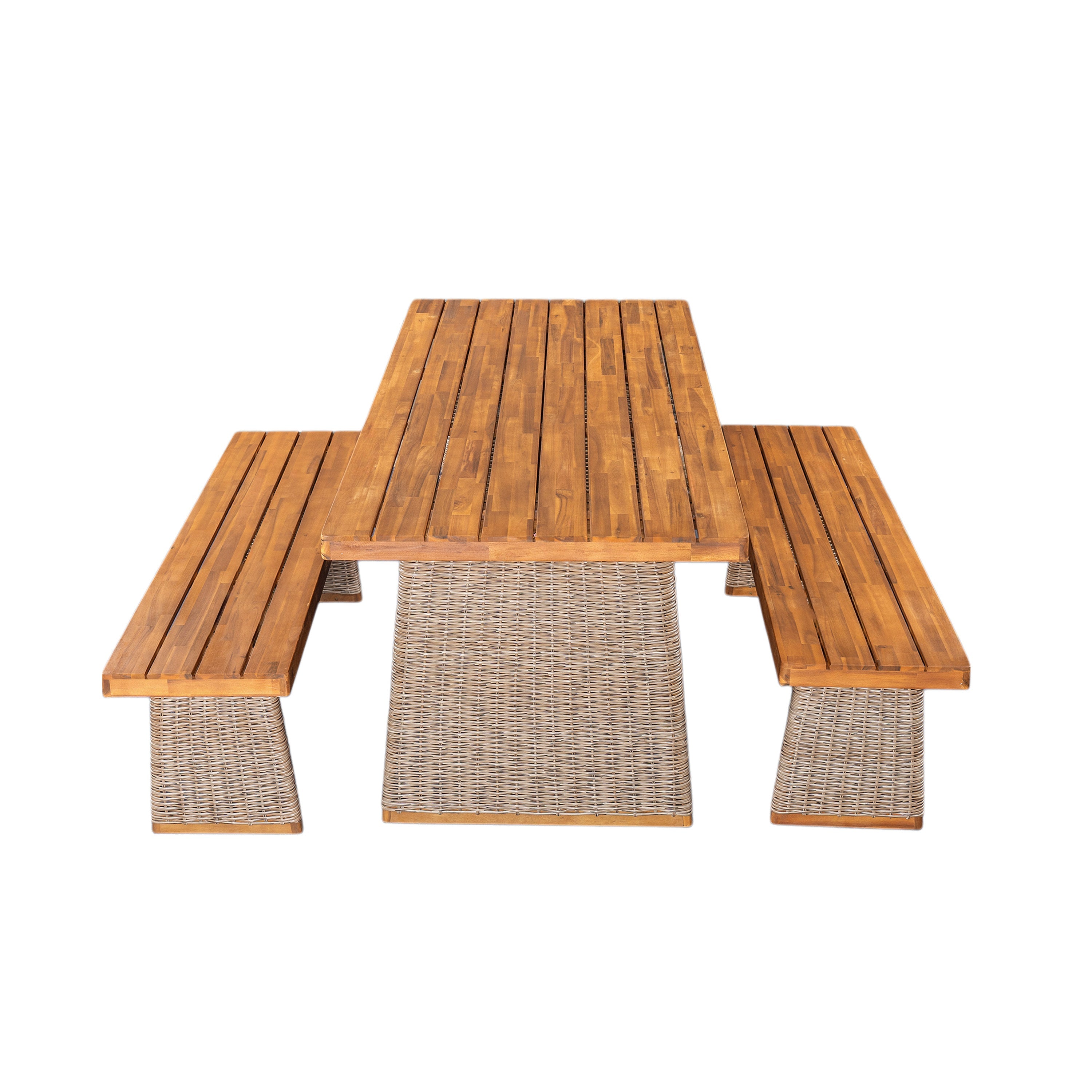 Outdoor Dining Set Acacia Wood Brown 3 Piece Table 2 Benches Rattan Legs