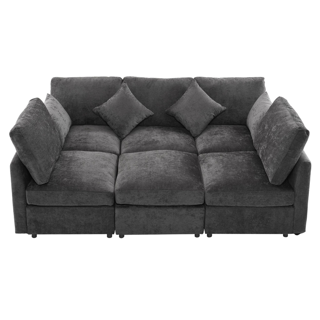 Sectional Sofa U-Shape Modular Chenille Black 5-Seat USB Ports 86.6x61.4 In