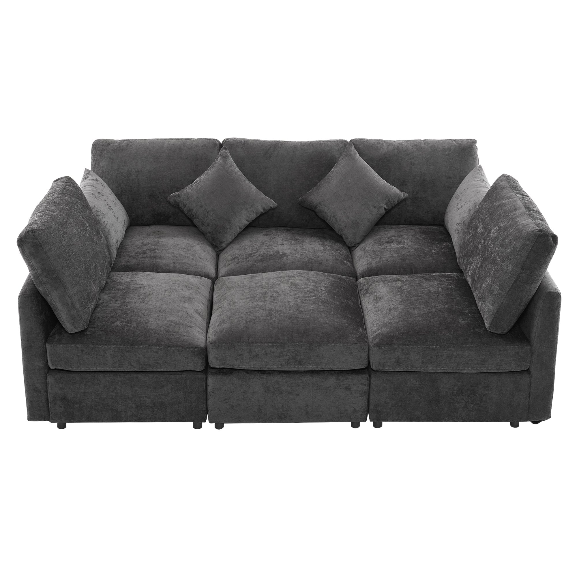 Sectional Sofa U-Shape Modular Chenille Black 5-Seat USB Ports 86.6x61.4 In
