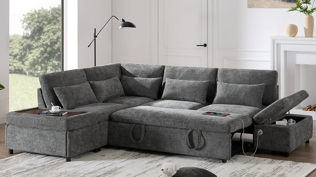 Sofa Bed L-Shape Chenille Gray 6 Seat Pull-Out USB Ports 107 In