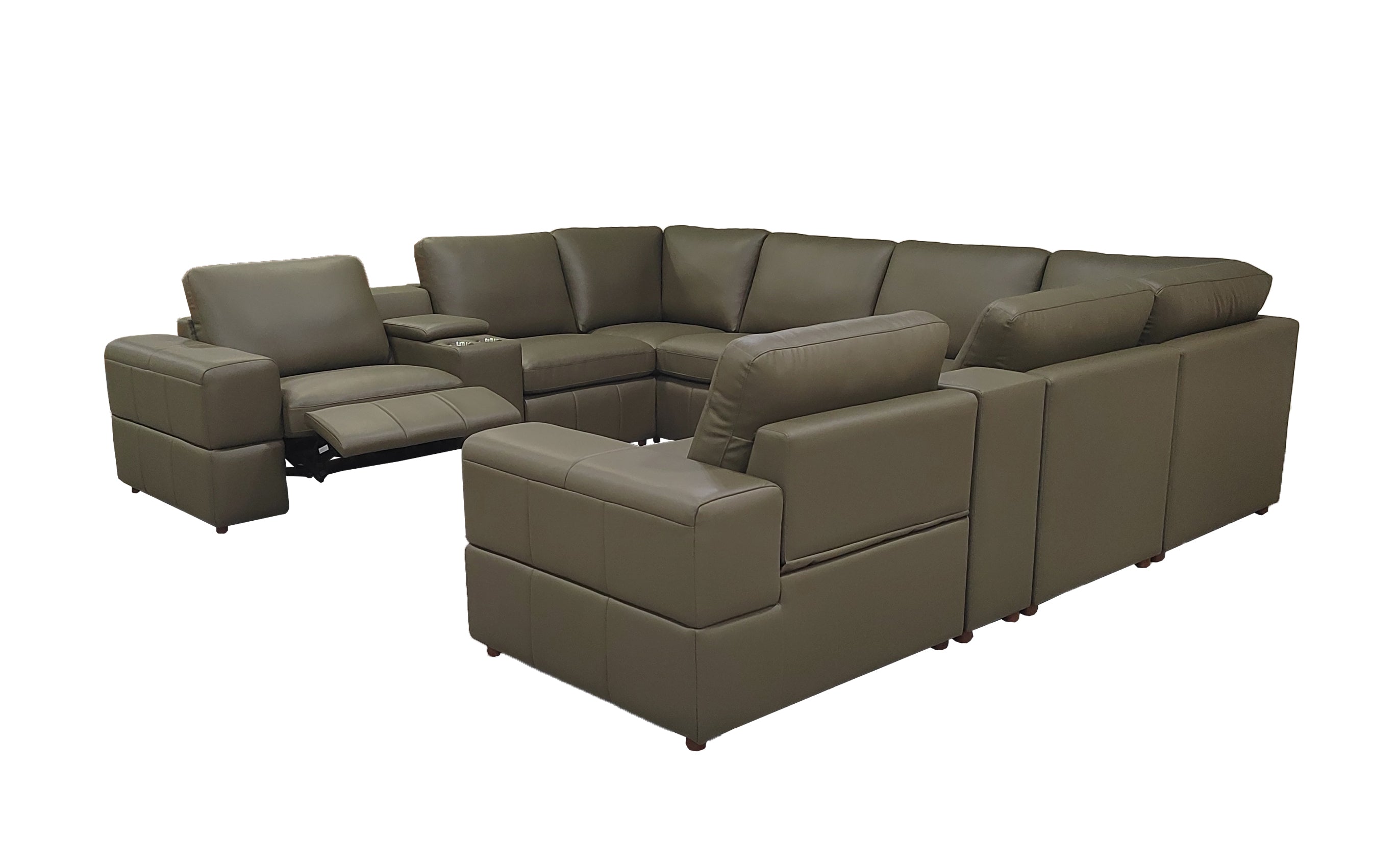 Sectional Sofa Modular Leather Match Olive 8 Seat 2 Recliners 128 In