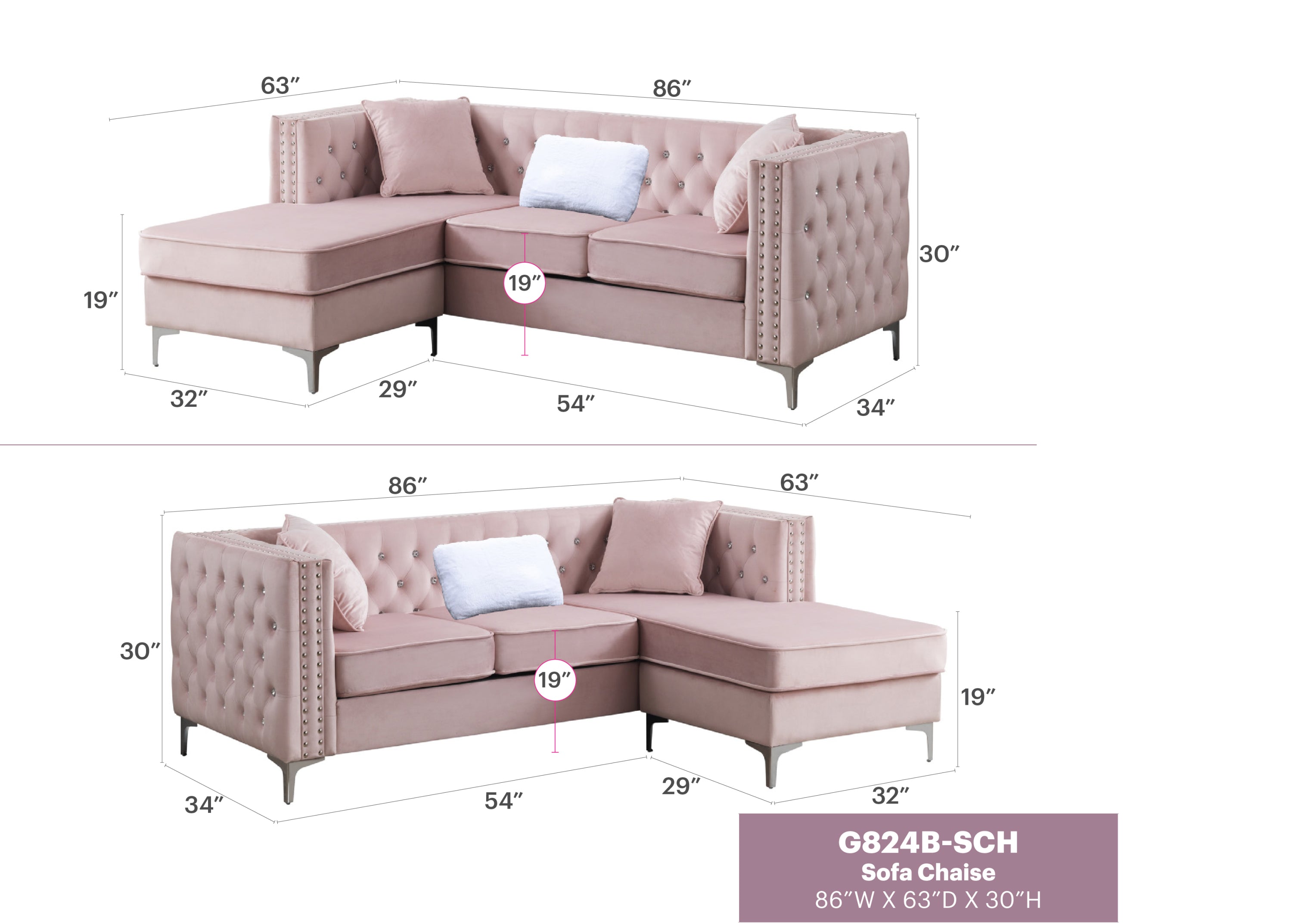 Sofa L-Shape Velvet Pink 3 Seat Tufted Chaise 87 In