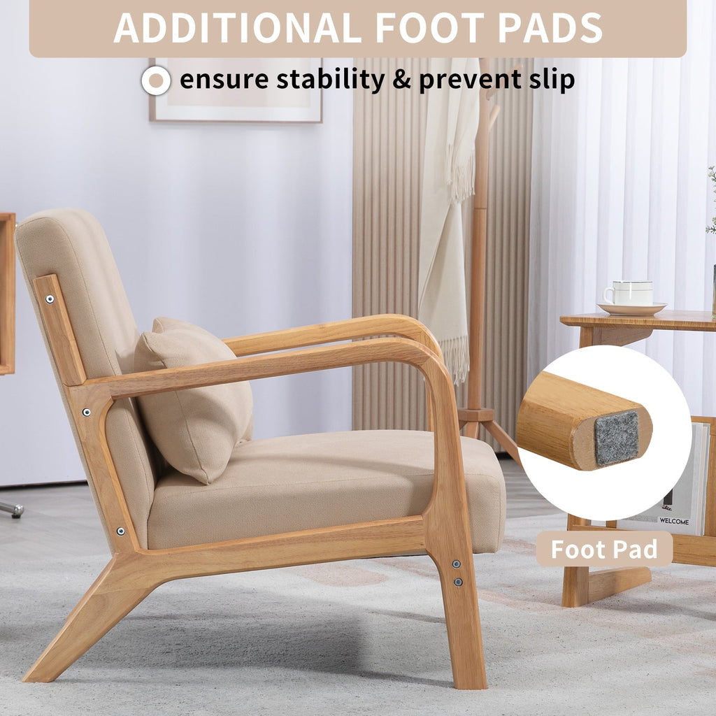 Accent Chair Mid-Century Linen Beige Solid Wood Arms and Legs 23x30x30 In