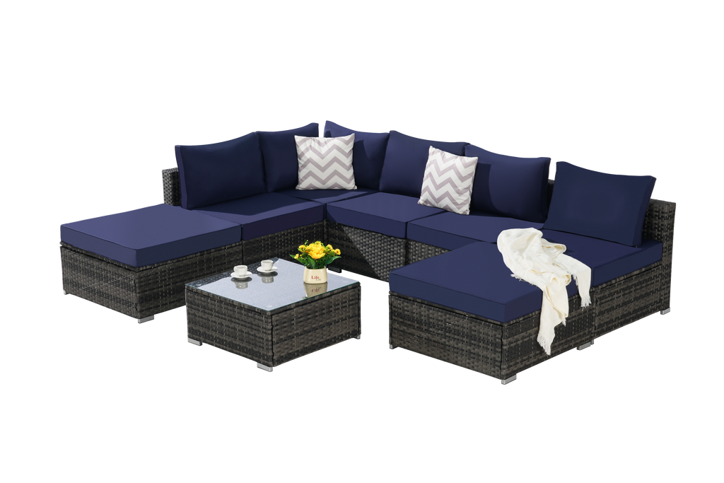 Outdoor Sectional Set PE Rattan Steel Dark Blue 8 Piece Seats 8 380 LB